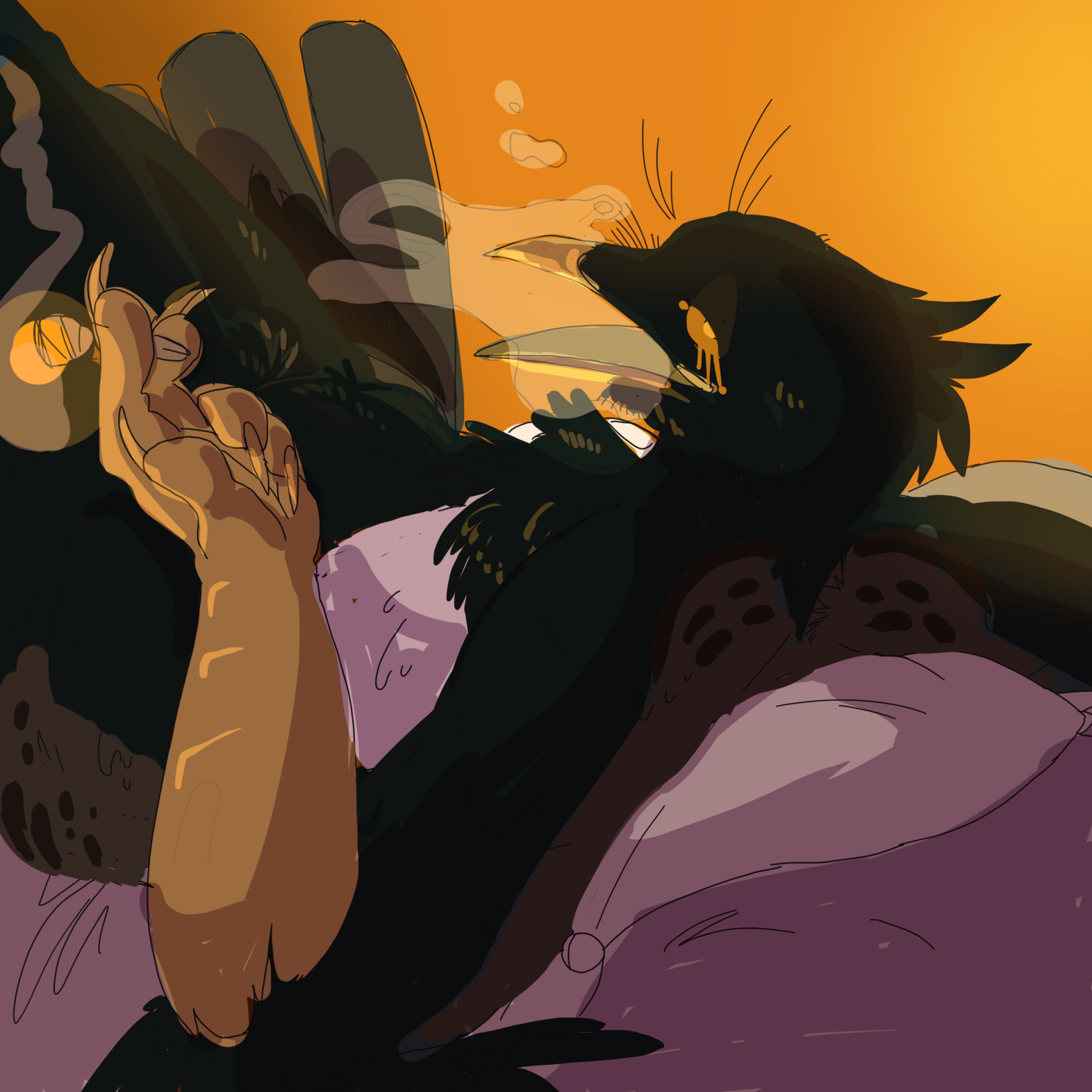 Image of a bird woman smoking while laying on her back