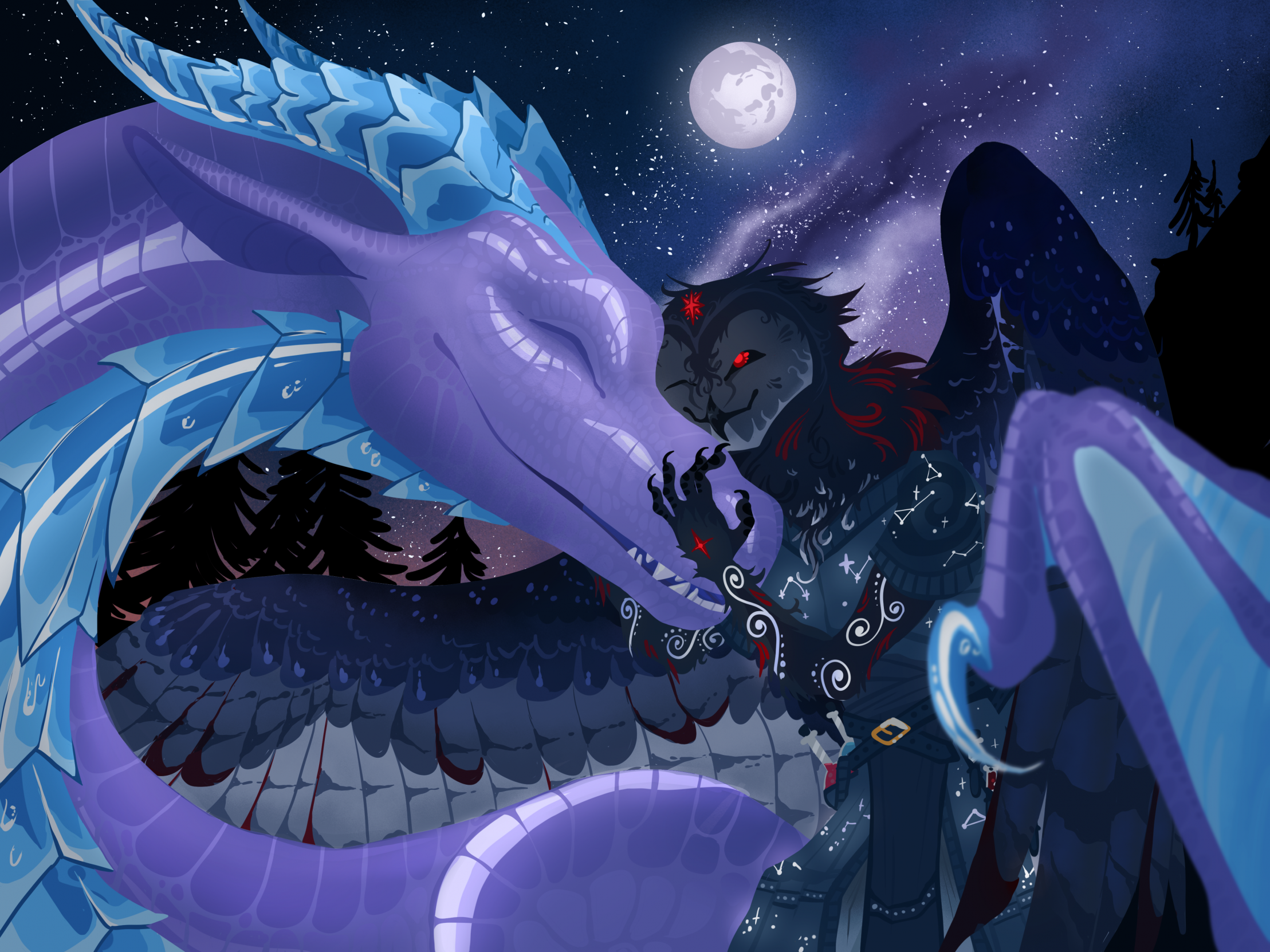 A dragon and an anthro owl in a hug